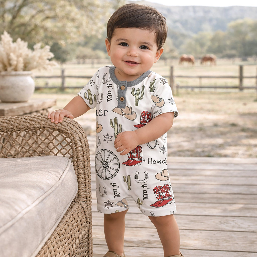 Howdy Partner Henley Romper – Cotton Western Cowboy