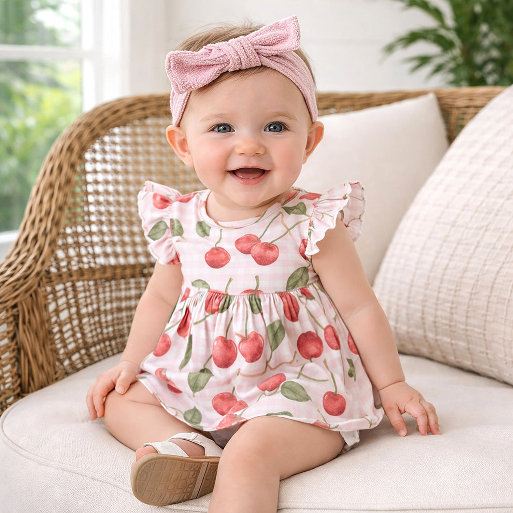 Cherry Picnic Flutter Sleeve Bamboo Skirted Bodysuit