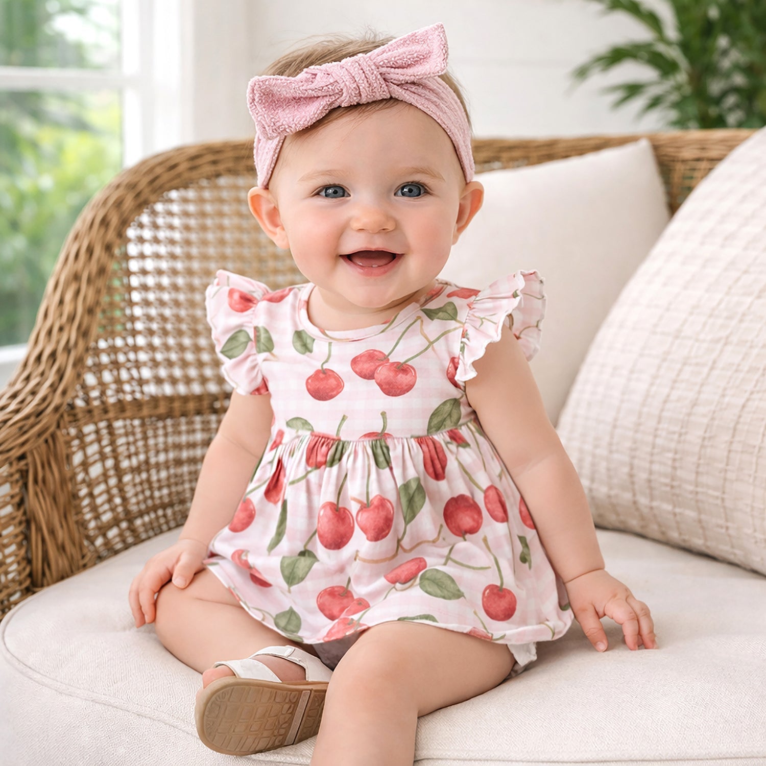 Cherry Picnic Flutter Sleeve Bamboo Skirted Bodysuit