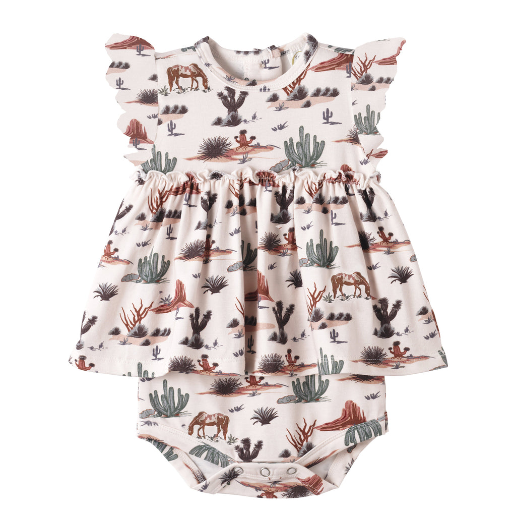 Baby Girl Skirted Bodysuit – Soft Bamboo Cactus Trails