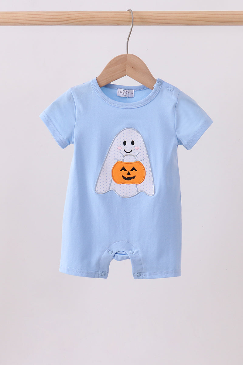 Blue ghost pumpkin embroidery romper