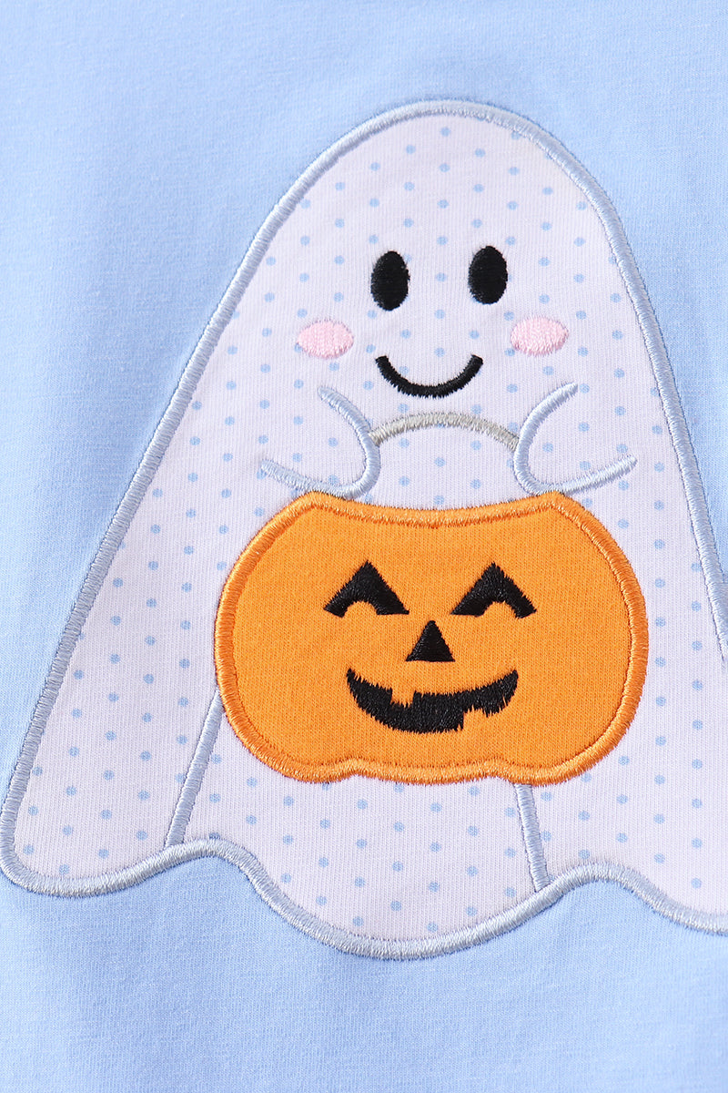Blue ghost pumpkin embroidery romper