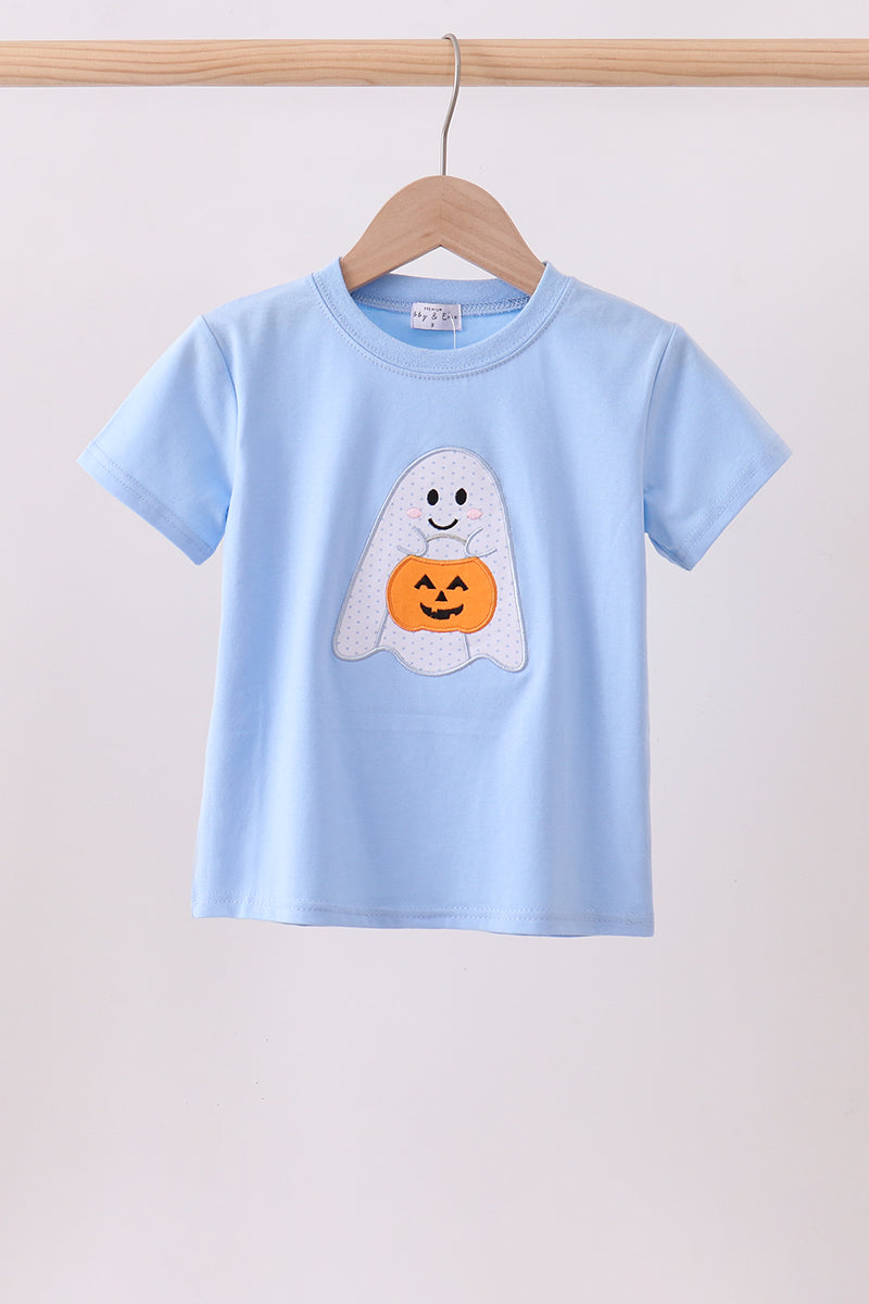 Blue ghost pumpkin embroidery top