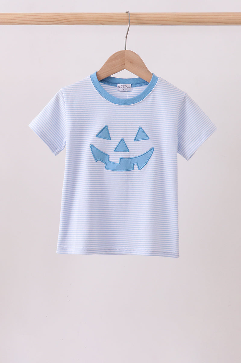 Blue stripe Smirk face applique top
