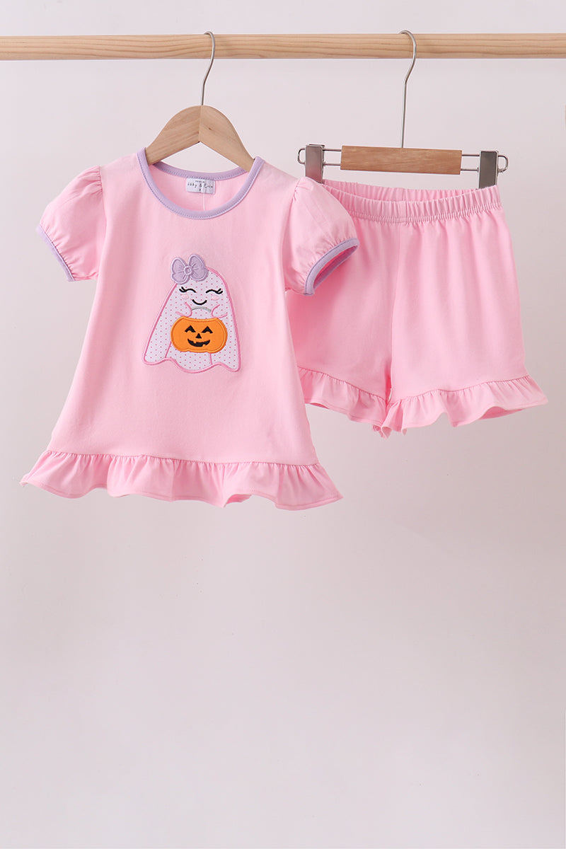 Pink ghost pumpkin embroidery ruffle shorts set