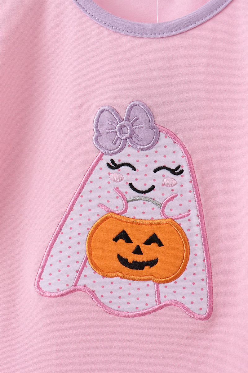Pink ghost pumpkin embroidery ruffle shorts set