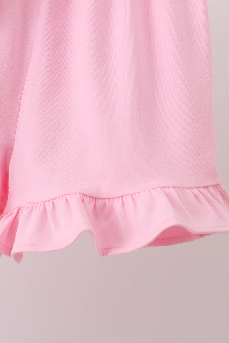Pink ghost pumpkin embroidery ruffle shorts set