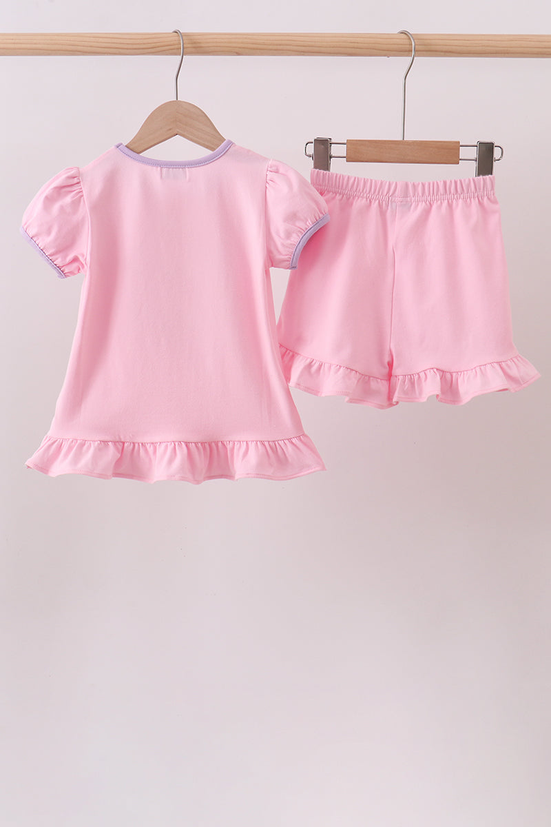 Pink ghost pumpkin embroidery ruffle shorts set