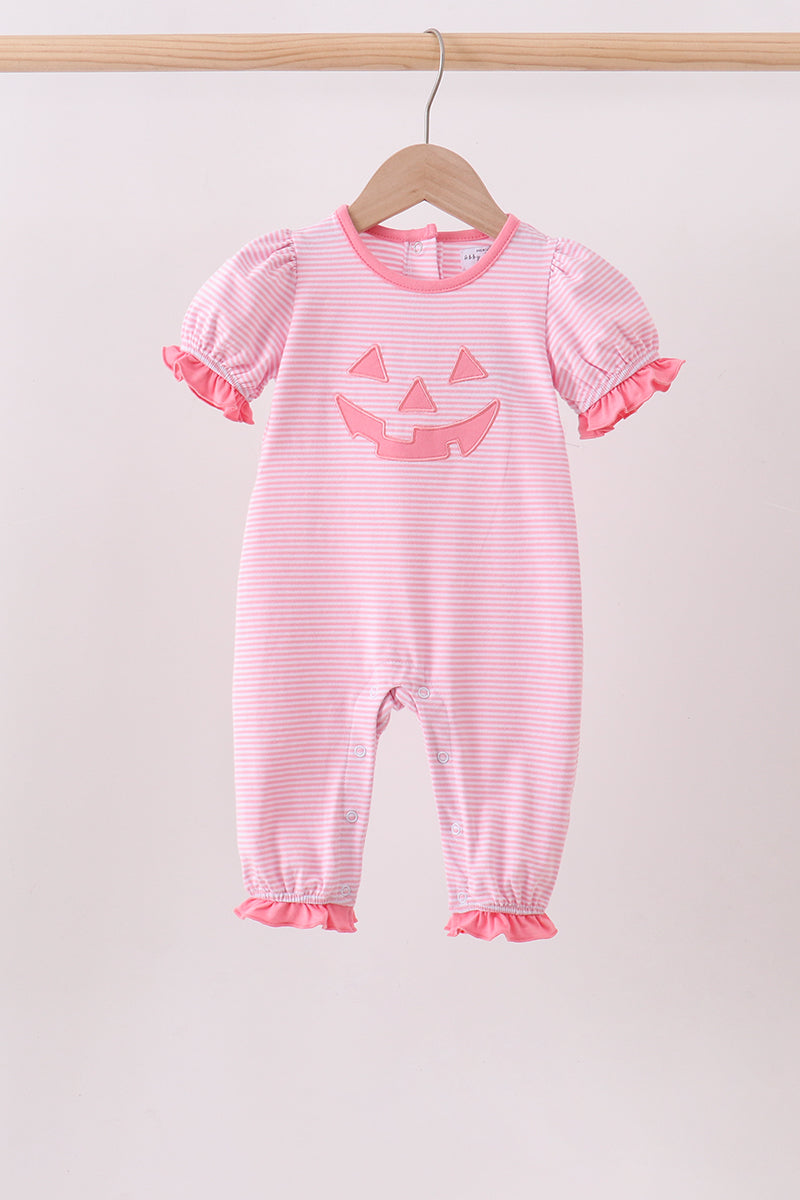 Pink stripe Smirk face applique romper