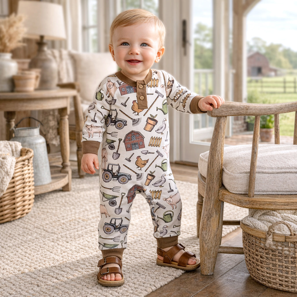 Farmer's Market Baby Henley Romper - Bamboo One Piece
