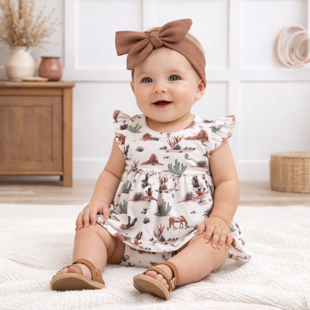 Baby Girl Skirted Bodysuit – Soft Bamboo Cactus Trails