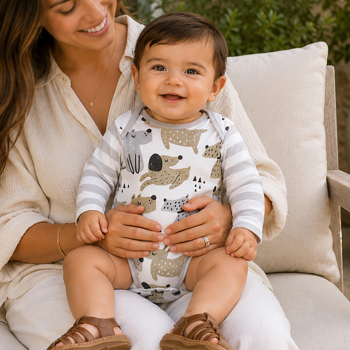 Puppy Dog Print Baby Bodysuit – Cotton Stripe Sleeve
