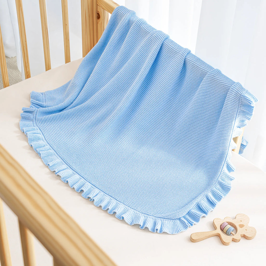 Ruffled Edge Knit Baby Blanket in Baby Blue
