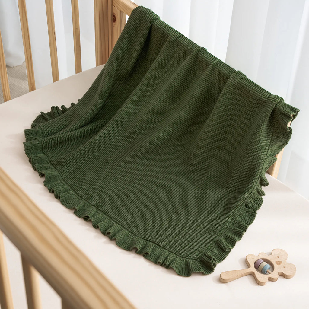 Ruffled Edge Knit Baby Blanket in Forest Green