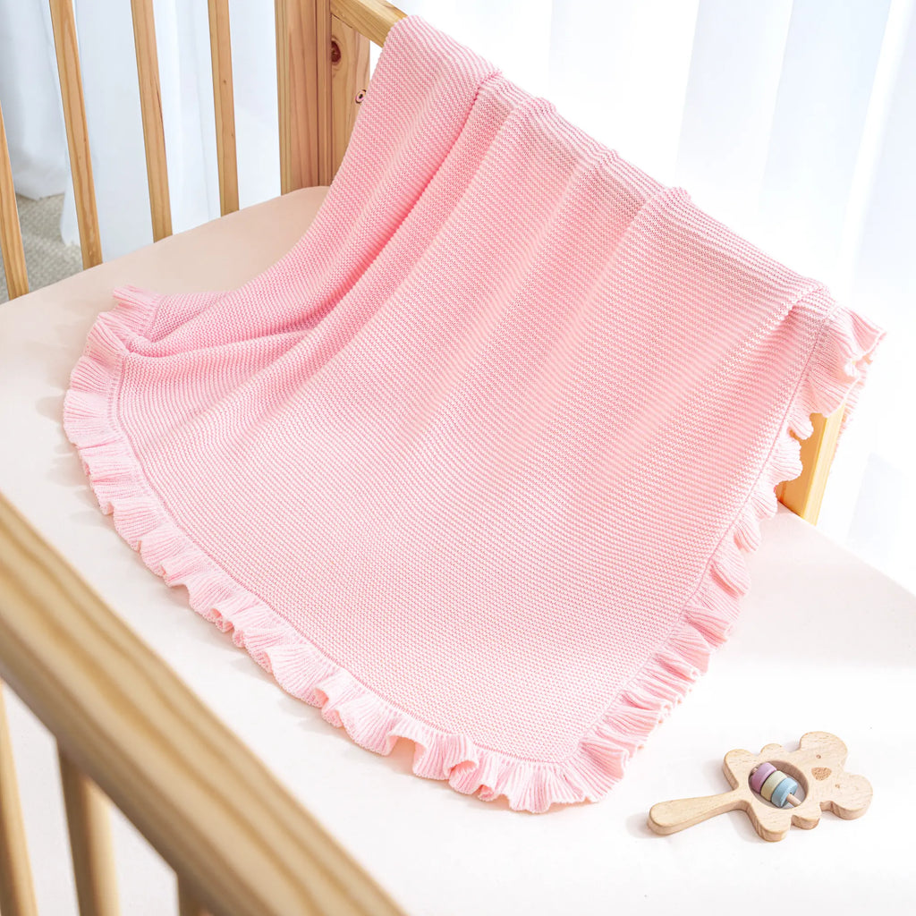Ruffled Edge Knit Baby Blanket in Pink