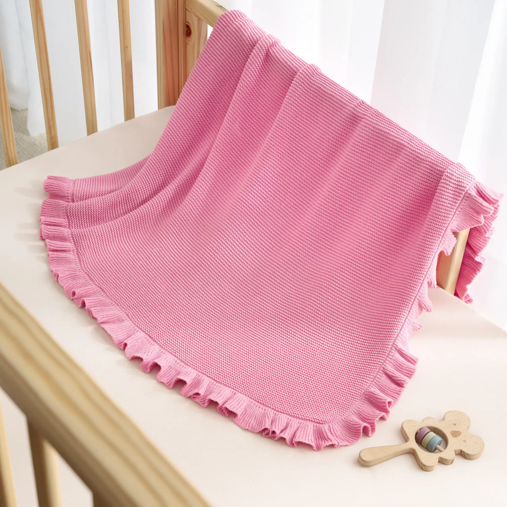 Ruffled Edge Knit Baby Blanket in Rose Pink
