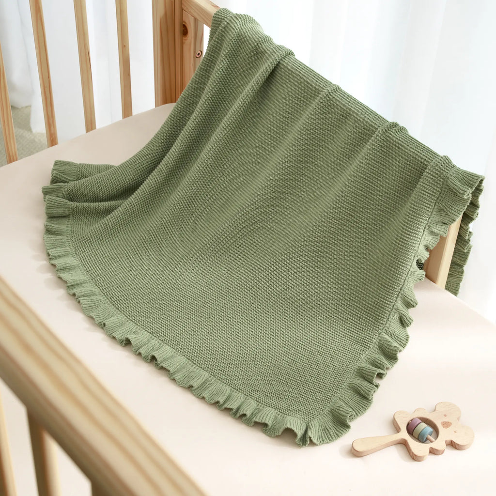 Ruffled Edge Knit Baby Blanket in Sage Green