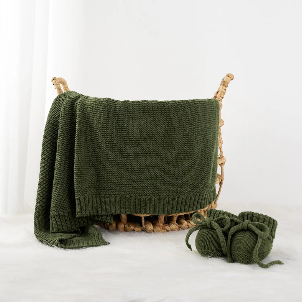Classic Knit Cotton Baby Blanket in Forest Green