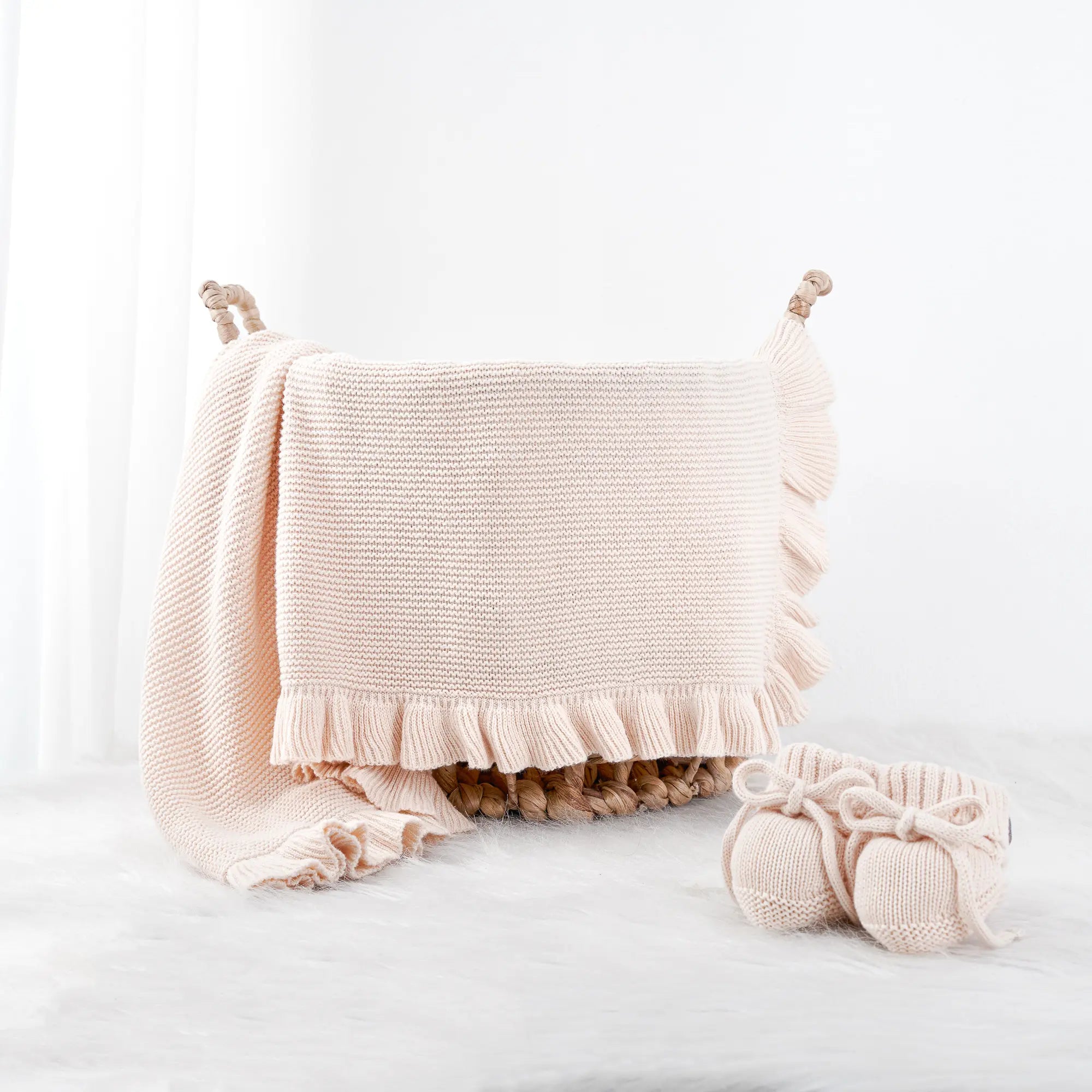 Ruffled Edge Knit Baby Blanket in Beige