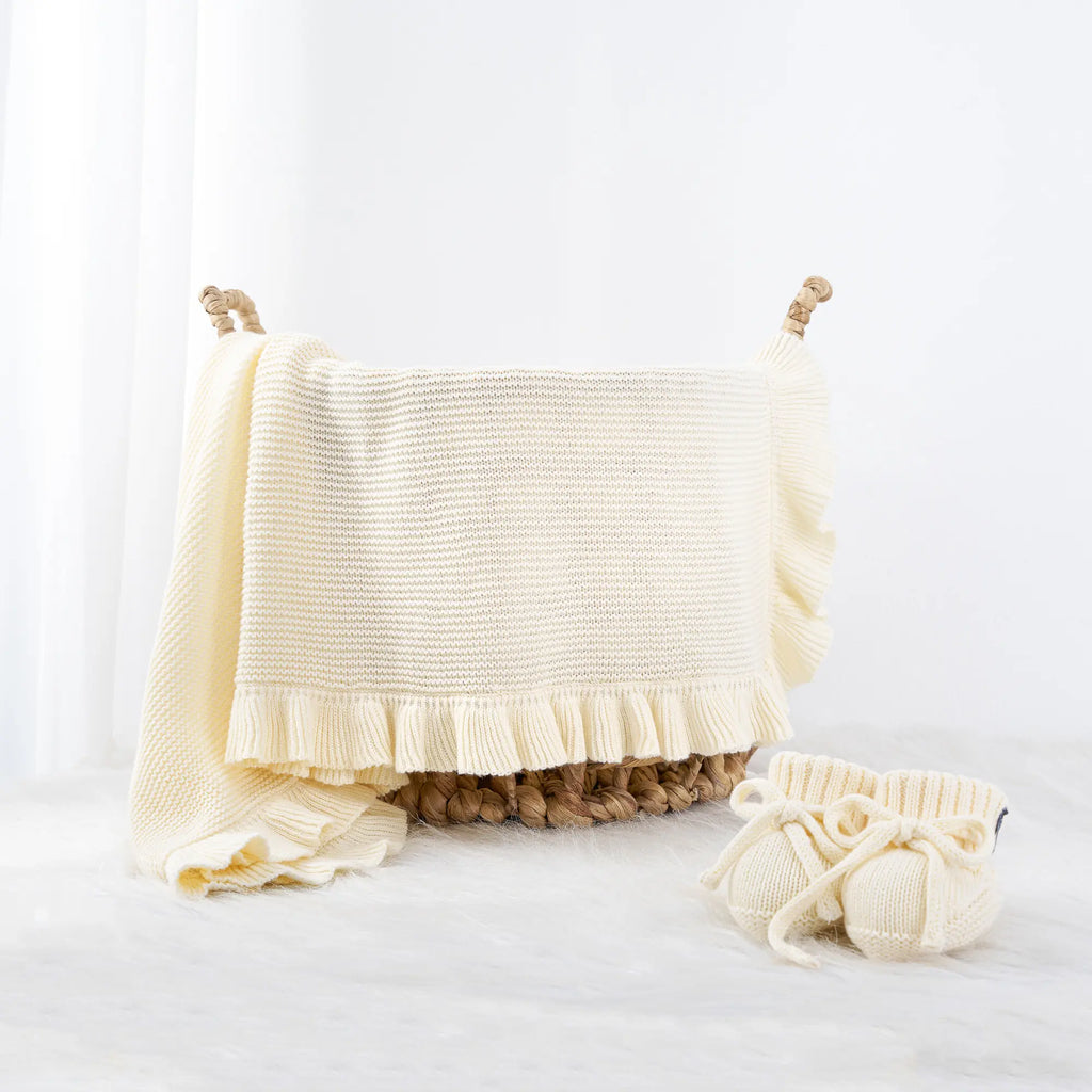 Ruffled Edge Knit Baby Blanket in Cream