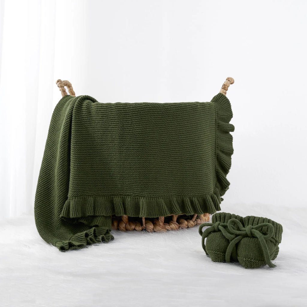 Ruffled Edge Knit Baby Blanket in Forest Green
