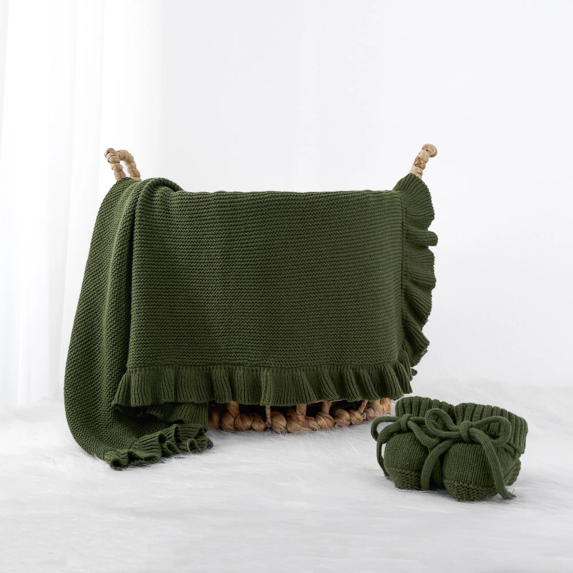 Ruffled Edge Knit Baby Blanket in Forest Green
