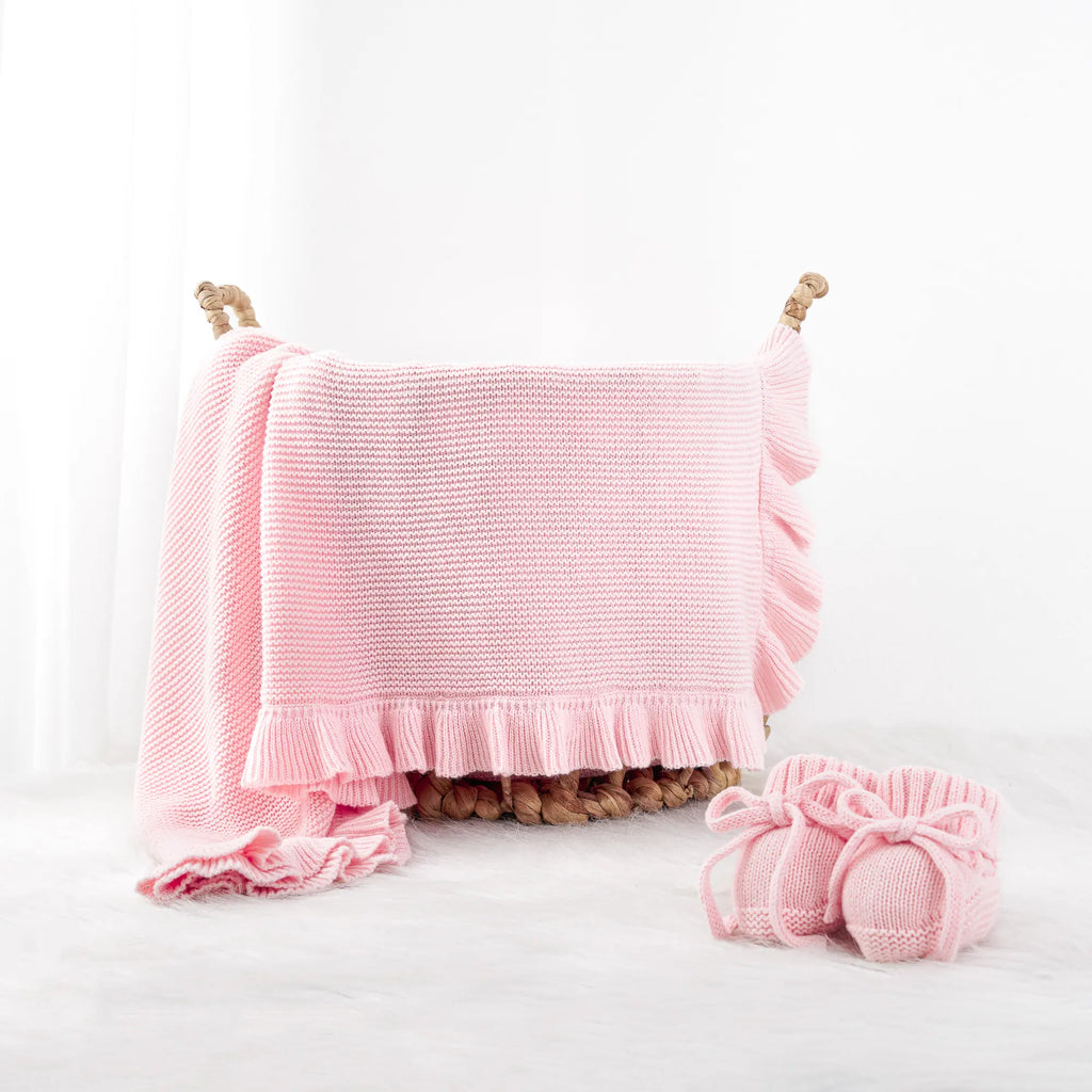 Ruffled Edge Knit Baby Blanket in Pink