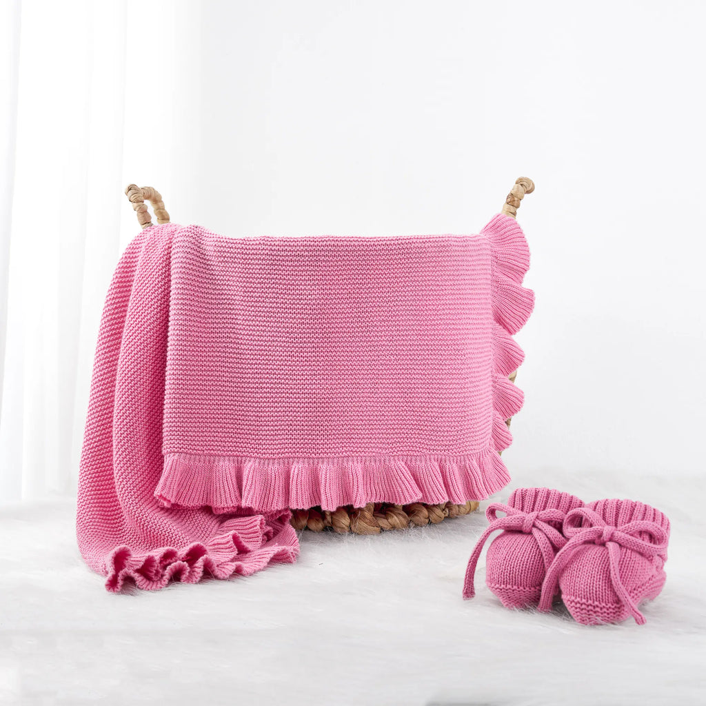 Ruffled Edge Knit Baby Blanket in Rose Pink
