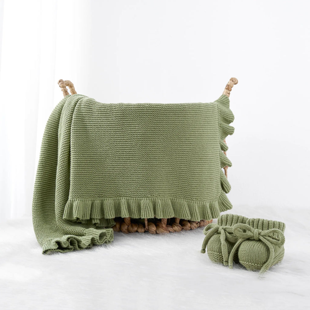 Ruffled Edge Knit Baby Blanket in Sage Green