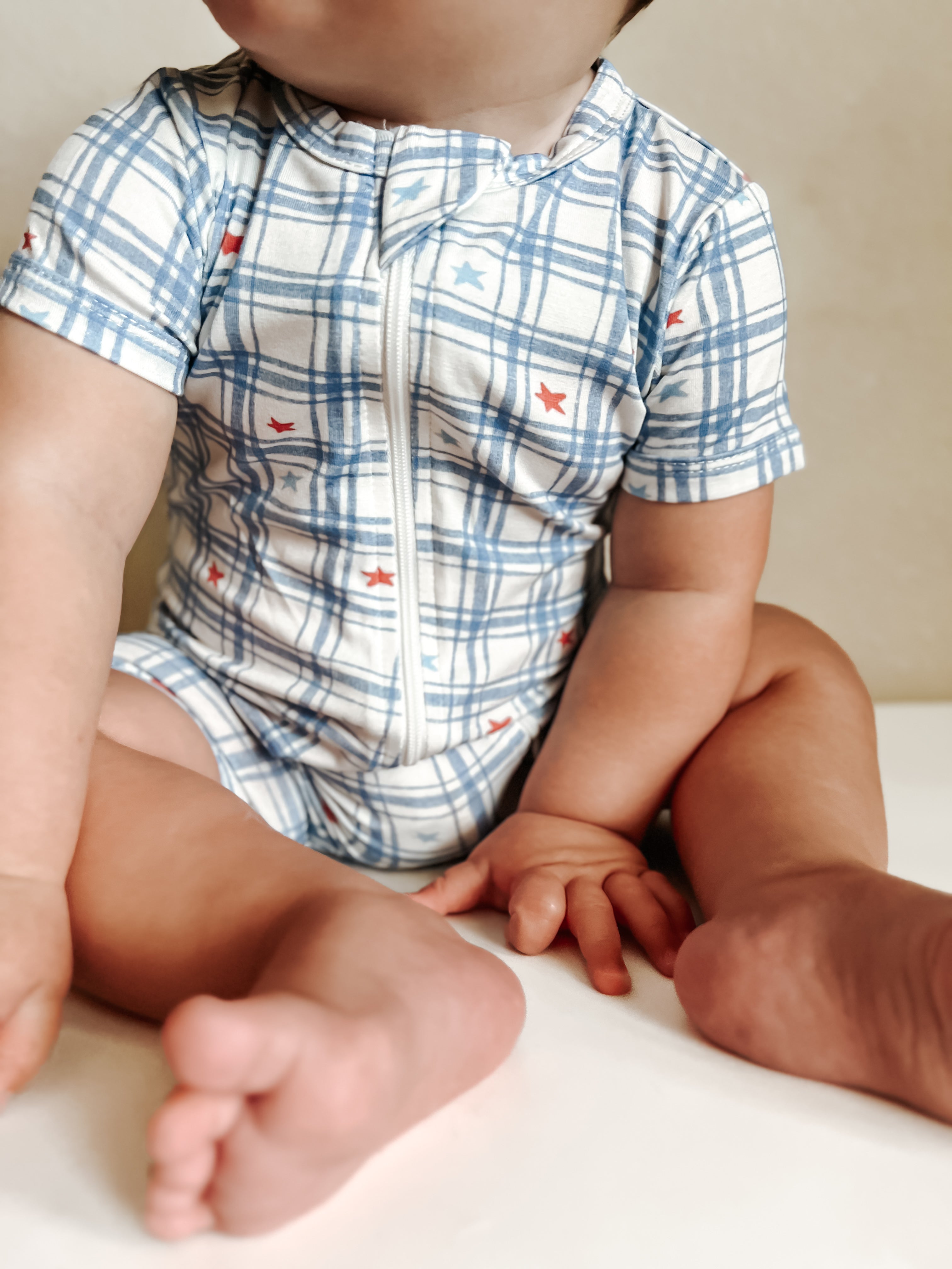 Red White & Blue Stars Gingham Bamboo Shorty Romper