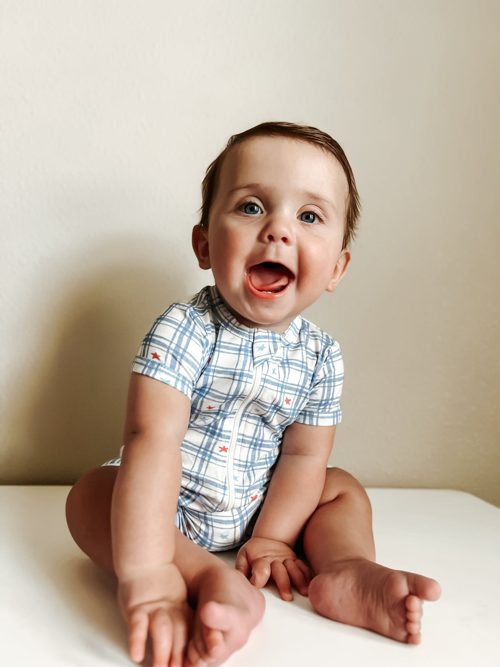 Red White & Blue Stars Gingham Bamboo Shorty Romper