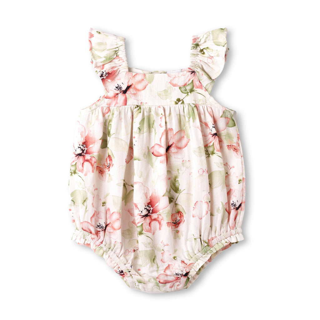 Blush Bouquet Baby Girl Floral Cotton Linen Sunsuit