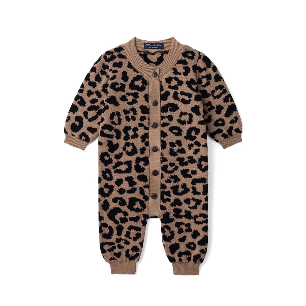 Leopard Baby Knit Button Romper