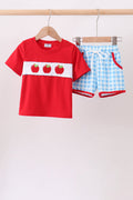Blue Apple Appliqué Gingham Shorts Set