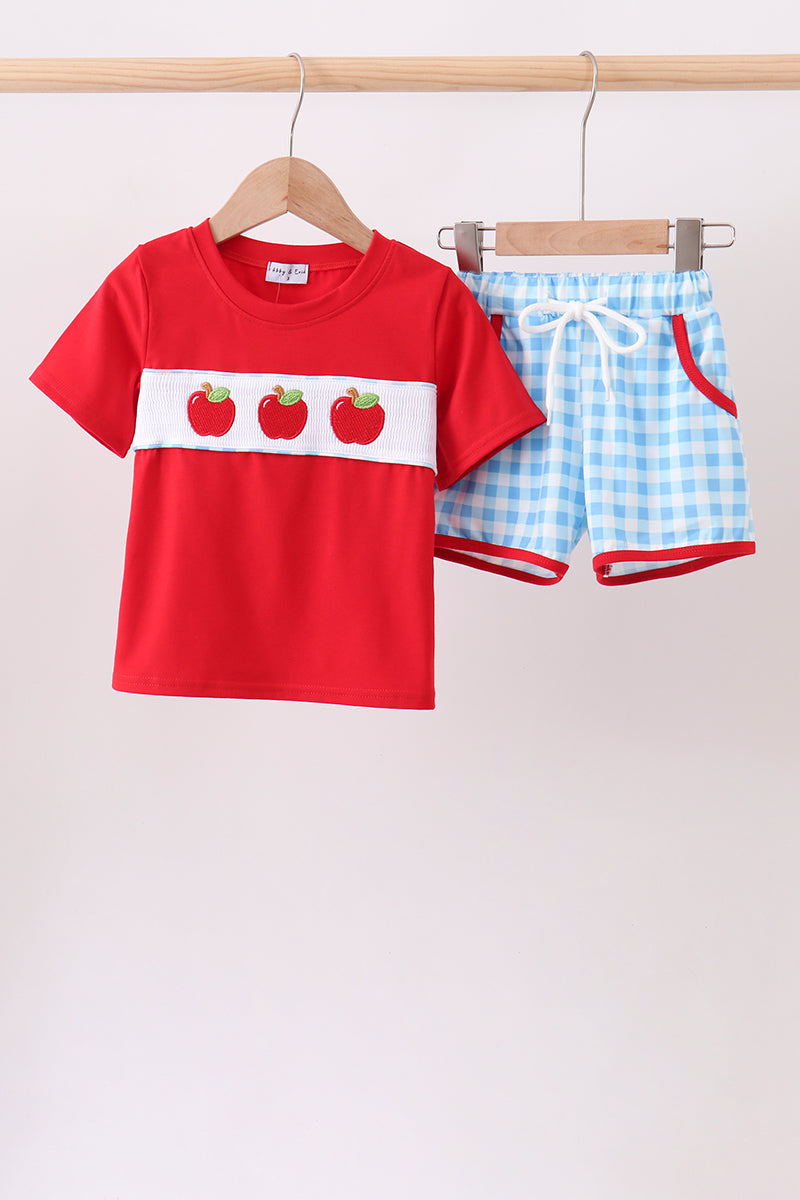 Blue Apple Appliqué Gingham Shorts Set