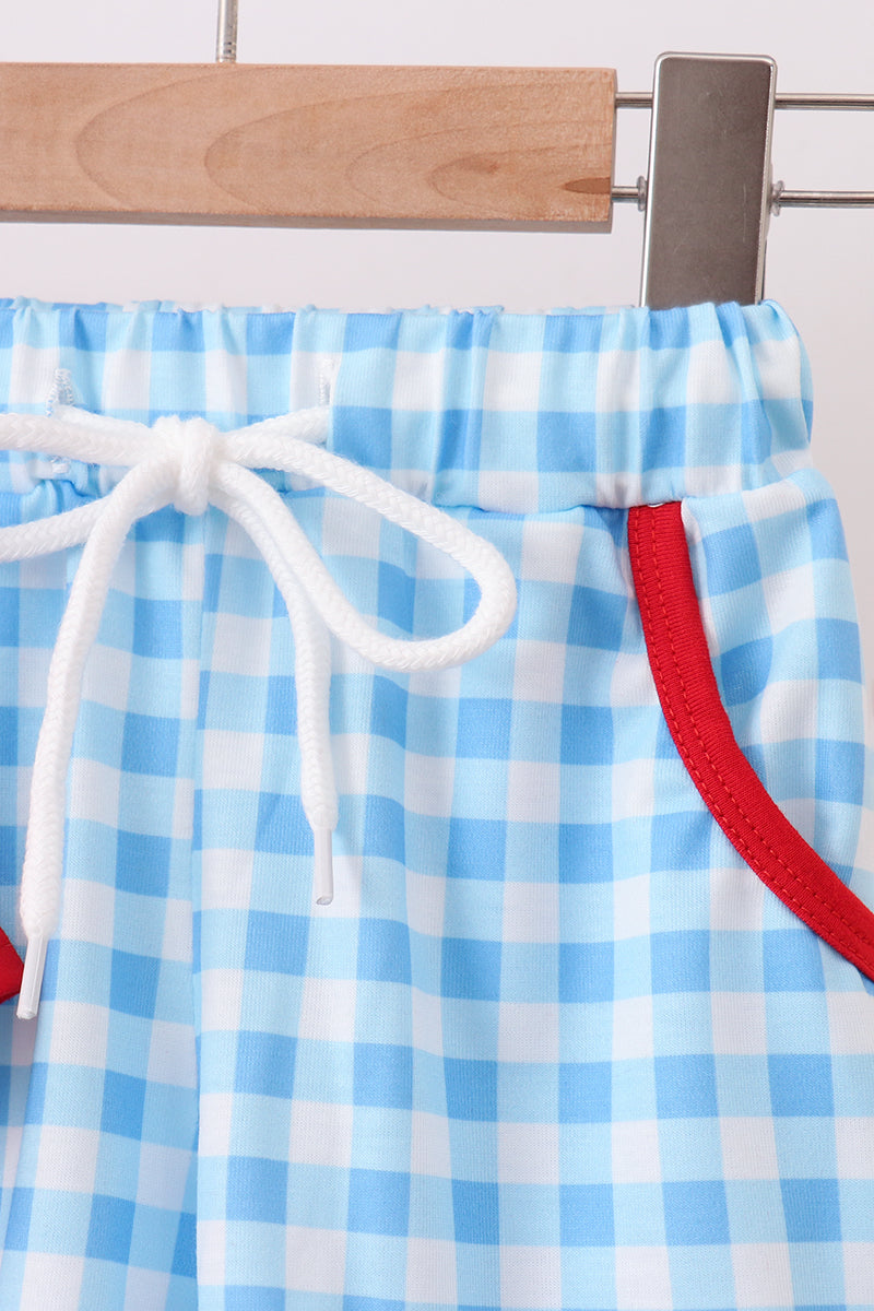 Blue Apple Appliqué Gingham Shorts Set