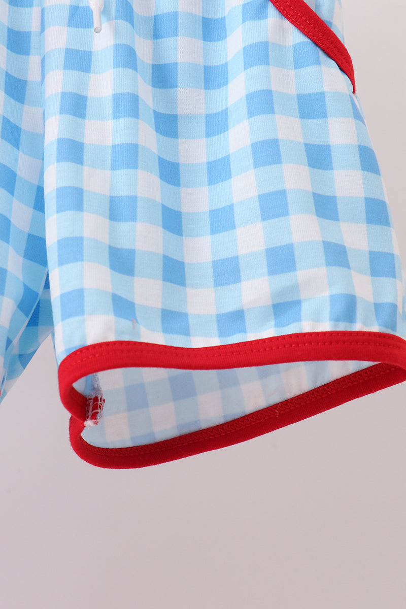 Blue Apple Appliqué Gingham Shorts Set