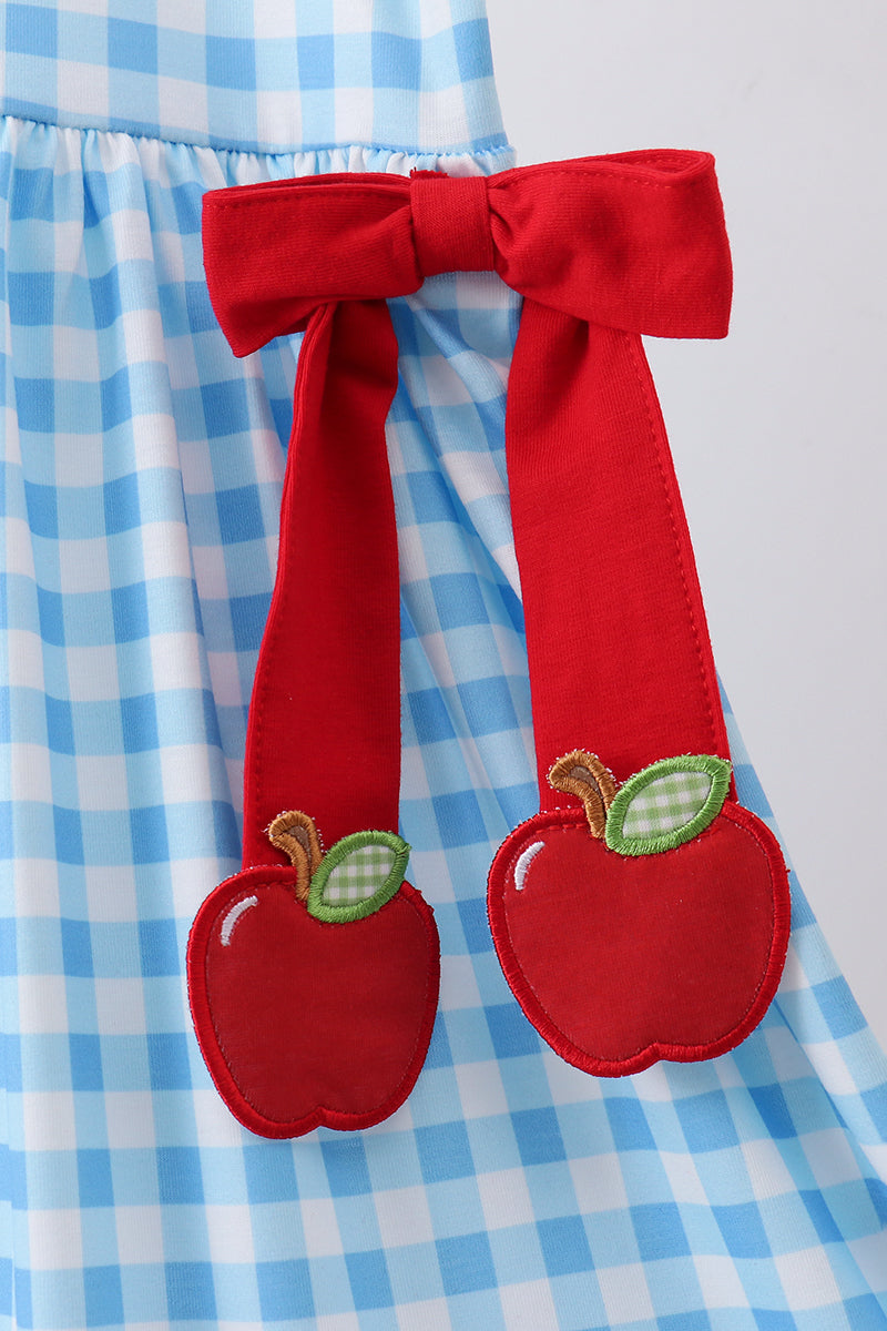 Blue Apple Appliqué Gingham Ruffle Dress