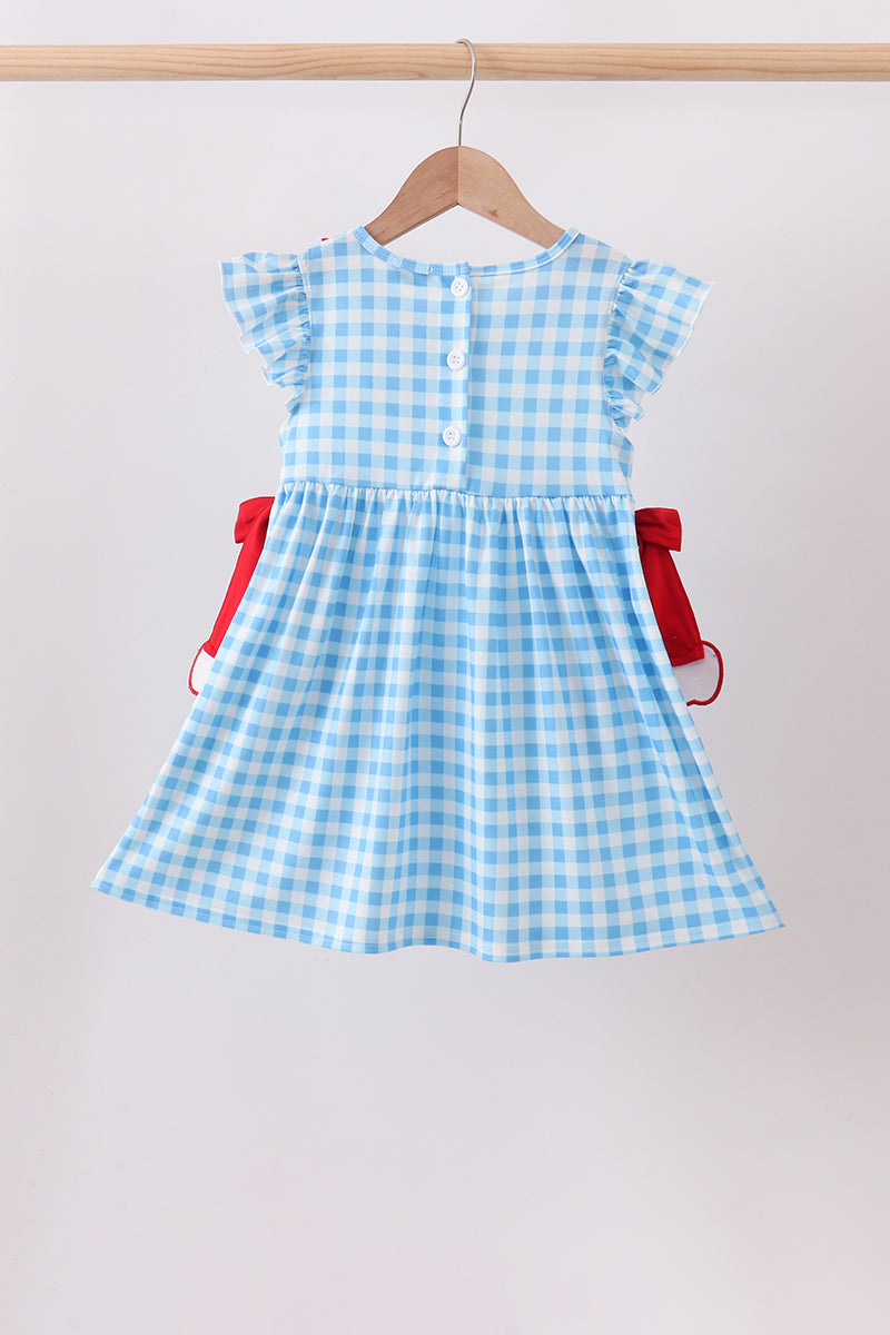 Blue Apple Appliqué Gingham Ruffle Dress