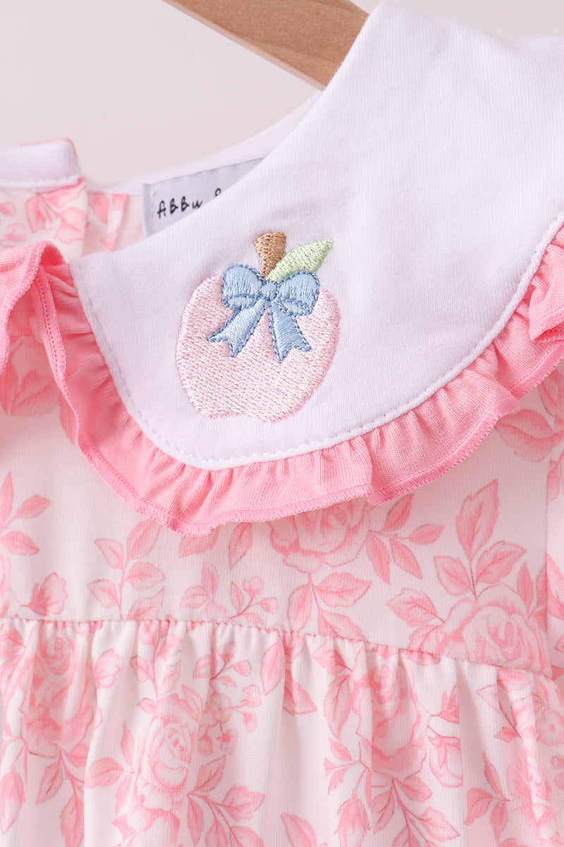 Pink Rose Apple Embroidery Ruffle Dress