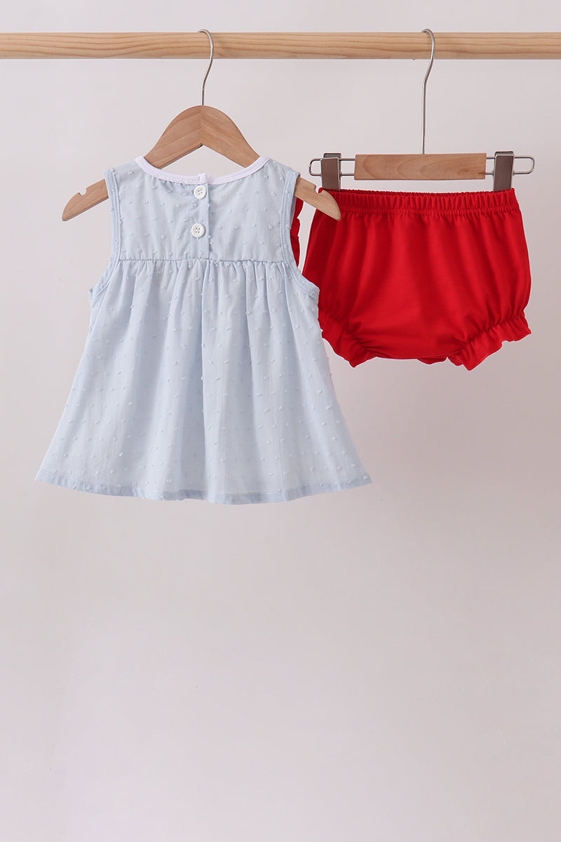Blue Embroidered Swiss Dot Bloomer Set