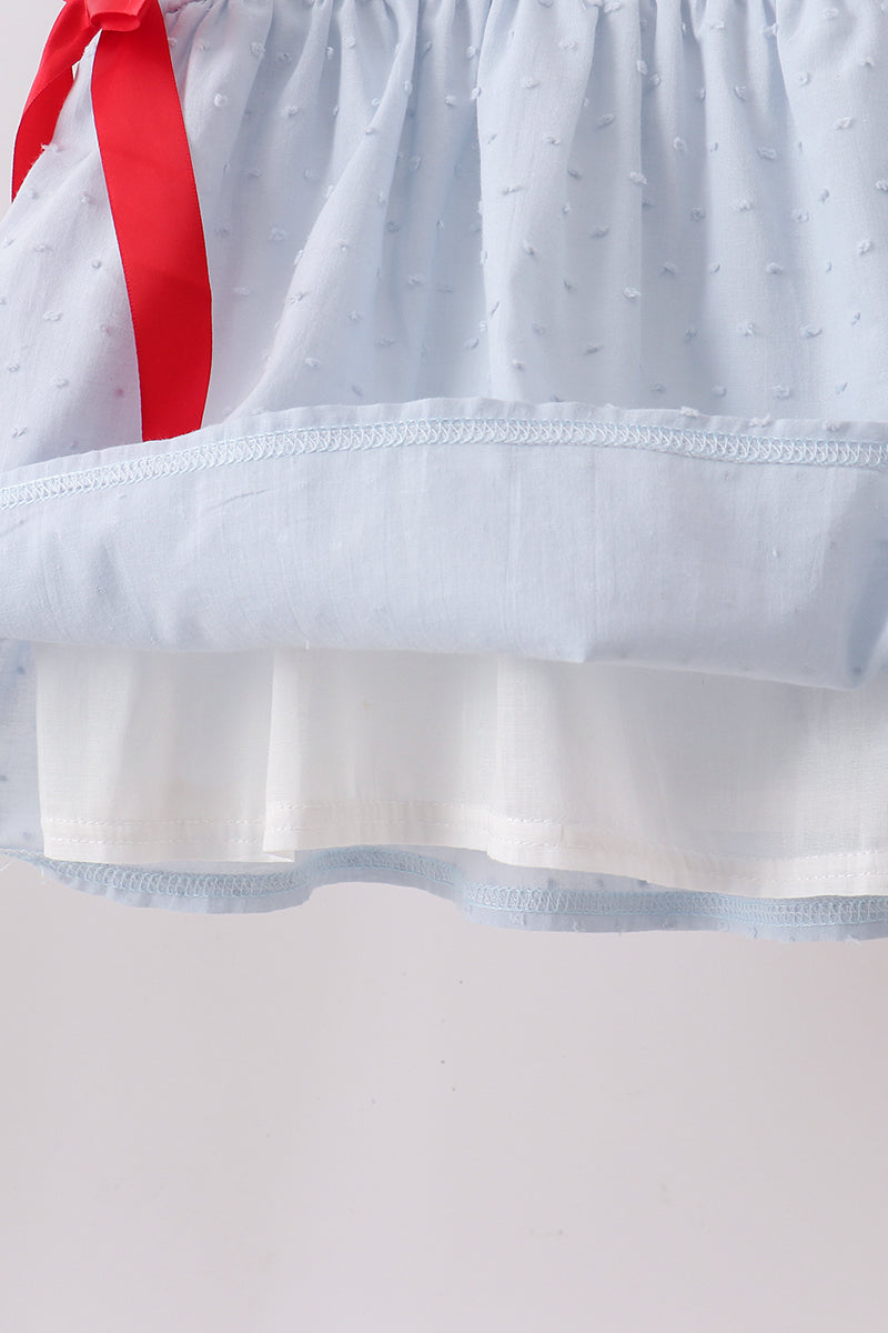 Blue Embroidered Swiss Dot Ruffle Set