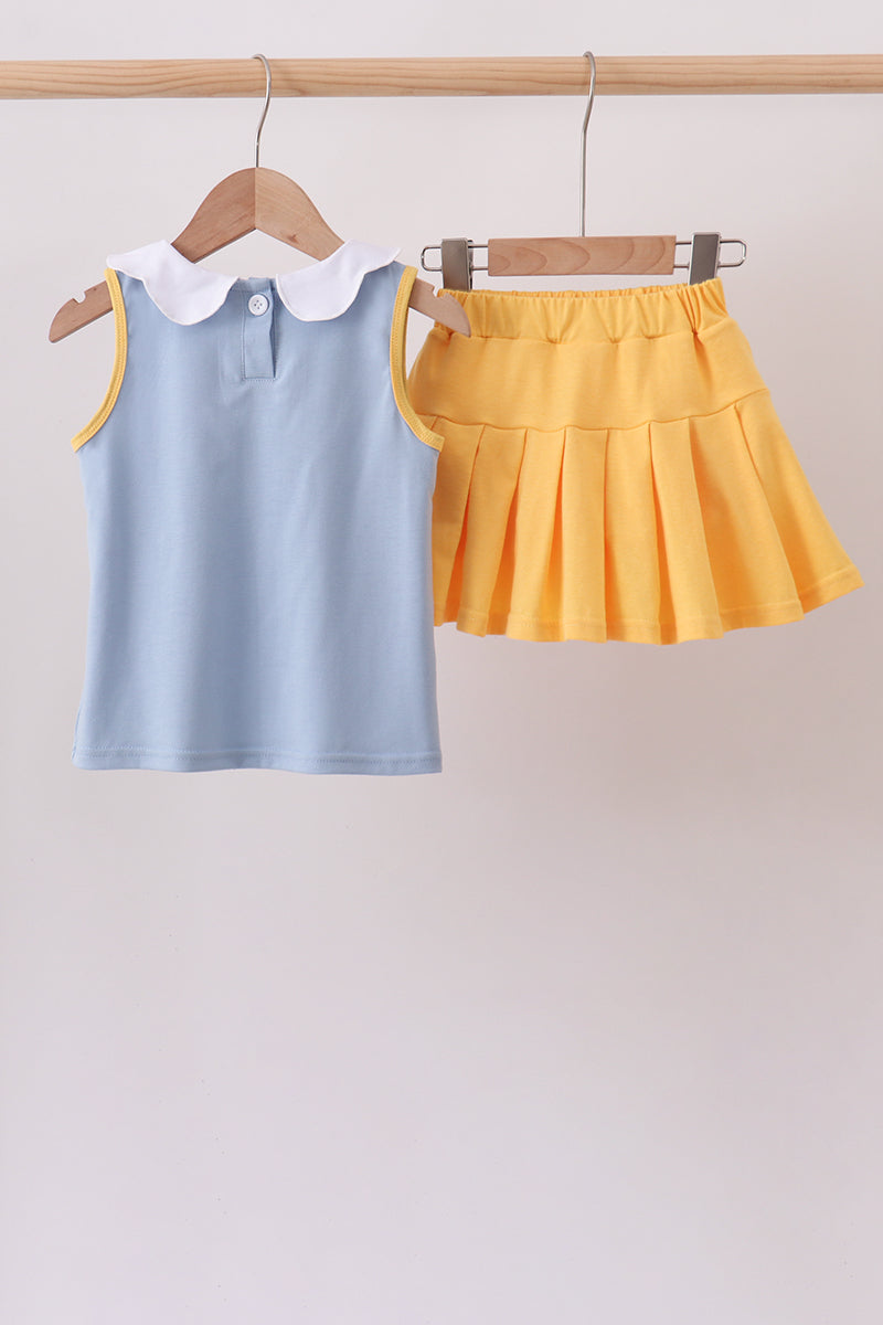 Blue bus bow embroidery ruffle skorts set