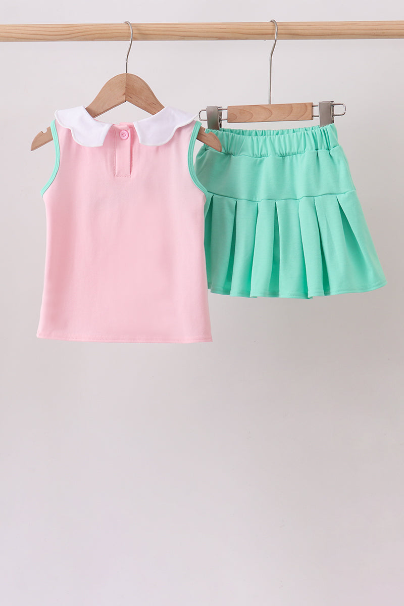 Pink apple bow embroidery skorts set