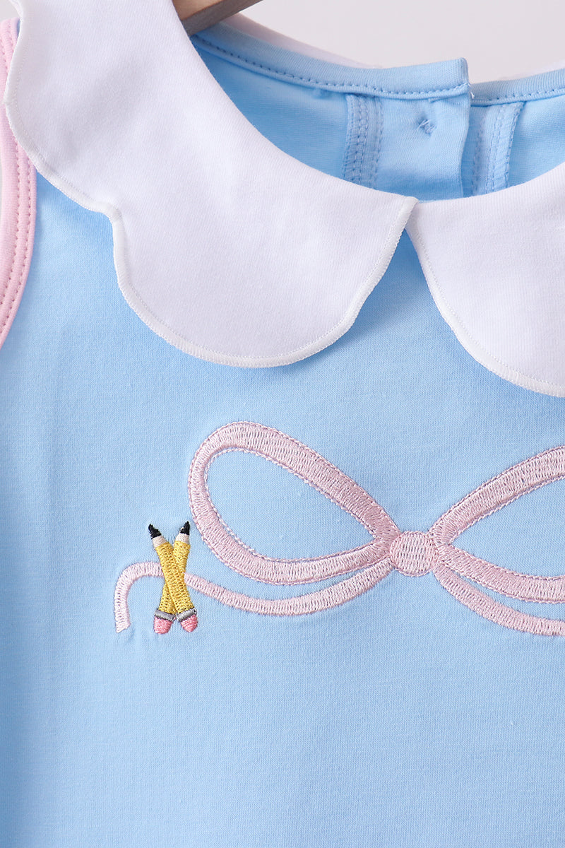 Blue pencil bow embroidery ruffle skorts set
