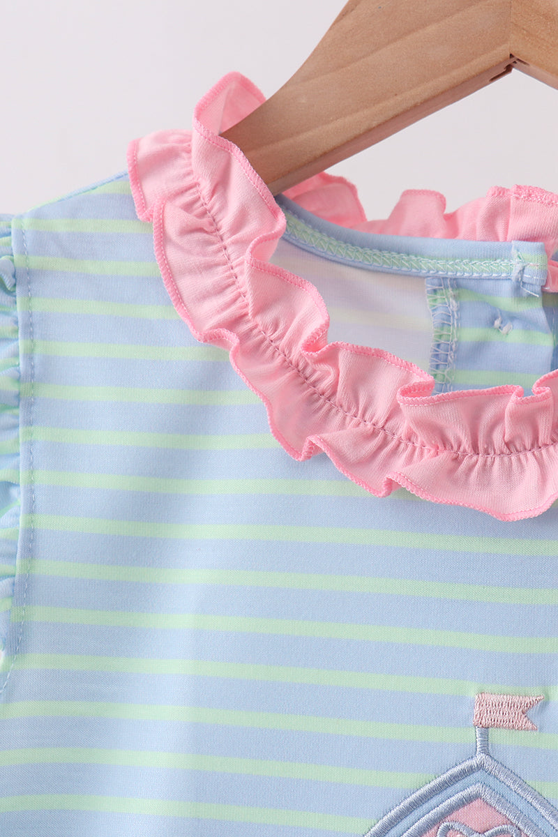 Blue Stripe Schoolhouse Appliqué Ruffle Set