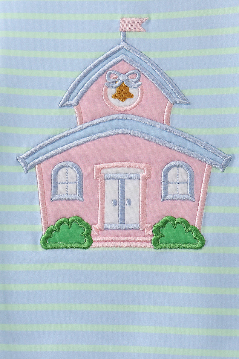 Blue Stripe Schoolhouse Appliqué Ruffle Set