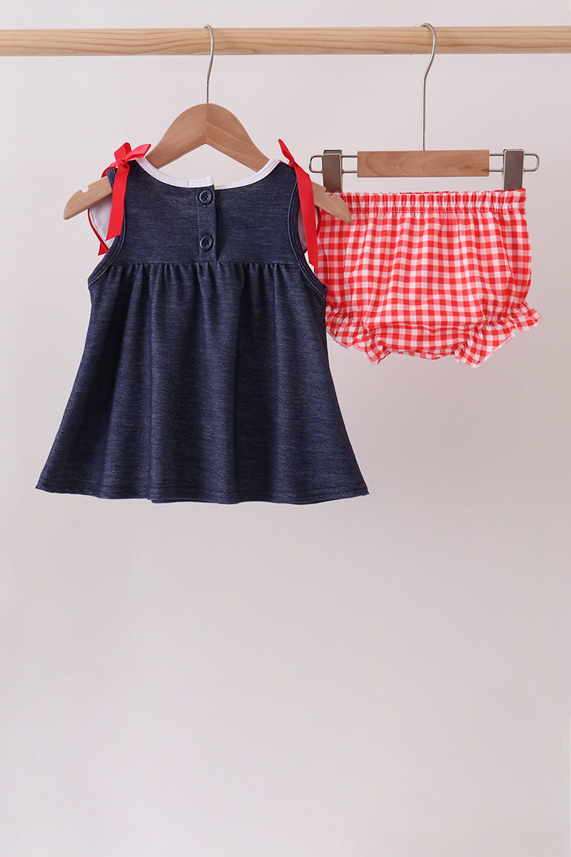 Navy Apple Applique Denim Bloomer Set