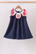 Navy Apple Applique Denim Dress