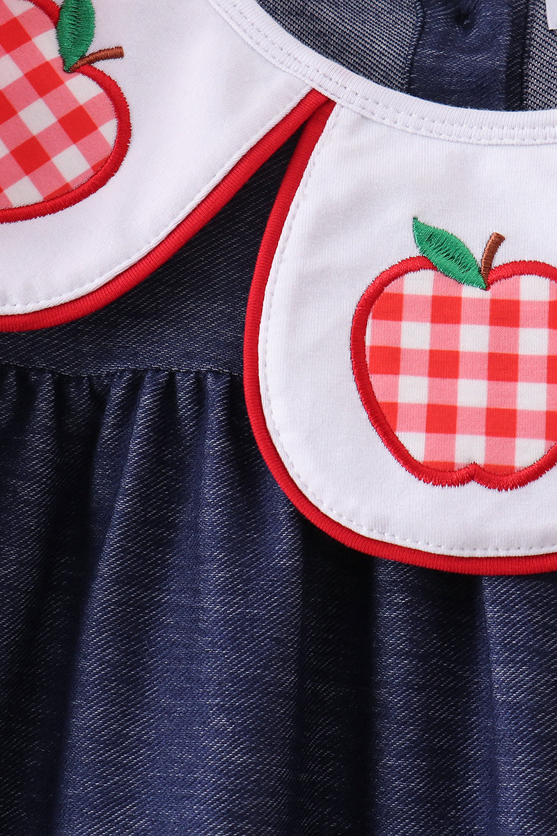 Navy Apple Applique Denim Dress
